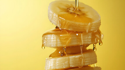 Poster - Banana slices covered with honey, isolated on yellow background, sweet healthy fruit snack