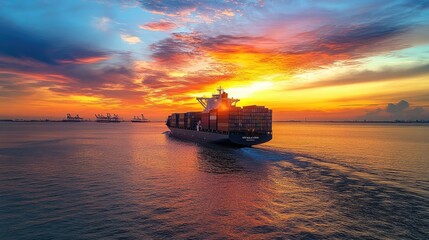 Container ship at sea with digital network links, digital trade network connection concept, global shipping industry, Beautiful Network