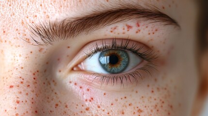 Poster - A person's eye showcases vibrant blue irises, with detailed freckles scattered on the skin nearby, illuminated by natural daylight.