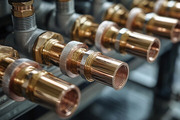 Copper plumbing fittings aligned in a workshop during daylight hours