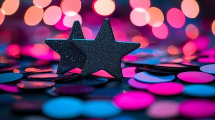 A close-up of two black star decorations surrounded by colorful confetti, creating a festive and vibrant atmosphere.