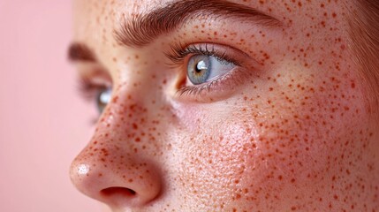 Poster - A young person with striking blue eyes and numerous freckles gazes slightly to the side, showcasing their unique facial features against a gentle pink backdrop.