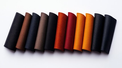 Leather swatches color palette. A vibrant collection of leather samples in various shades and hues, showcasing diverse textures and colors.