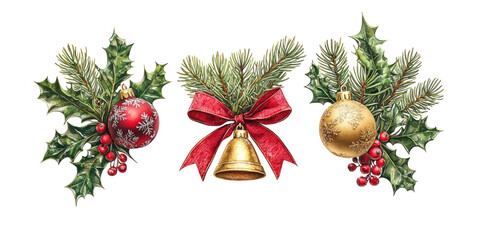 Wall Mural - set of christmas decoration with pine branches, golden bells, holly leaves, and red ribbon isolated 