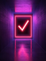 Poster - A glowing neon checkmark inside a dark, reflective corridor, creating a vivid, futuristic ambiance with purple and pink hues.