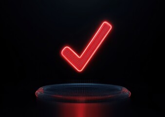 Poster - A glowing red checkmark symbolizes approval, set against a dark background, showcasing a modern and digital aesthetic.