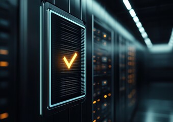 Poster - A glowing checkmark icon on a server panel, symbolizing success or validation in a high-tech data center environment.