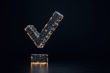 Poster - A glowing, illuminated checkmark stands above a reflective surface, symbolizing approval and completion against a dark background.