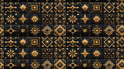 Elegant black vintage seamless pattern tile featuring ornamental geometric designs ethnic ornament print with luxurious gold elements suitable for interior decor and textiles