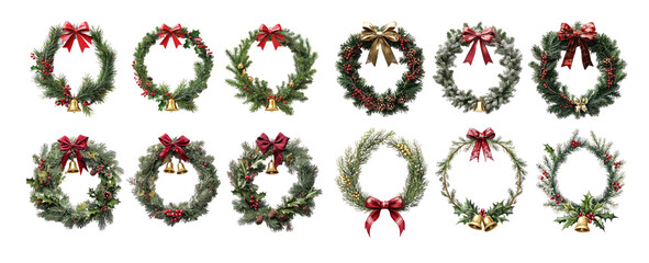 Wall Mural - christmas decoration with circle frame pine branches, golden bells, holly leaves, and red ribbon iso