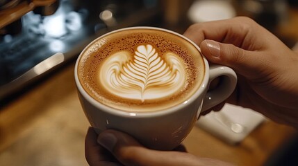 Barista holding cup of coffee with latte art