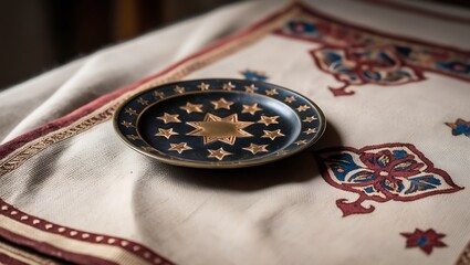 Wall Mural - A small black plate with gold stars on a patterned tablecloth.