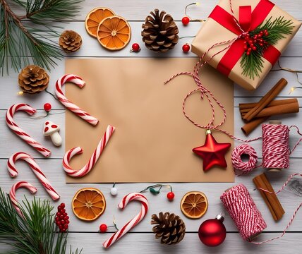 A festive Christmas background featuring colorful gifts and decorative paper on a wooden table from a top view perspective.