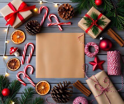 A festive Christmas background featuring colorful gifts and decorative paper on a wooden table from a top view perspective.