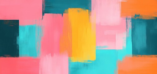 Poster - Colorful abstract painting with vibrant blocks of pink, blue, orange, and green.