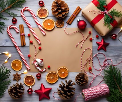 A festive Christmas background featuring colorful gifts and decorative paper on a wooden table from a top view perspective.