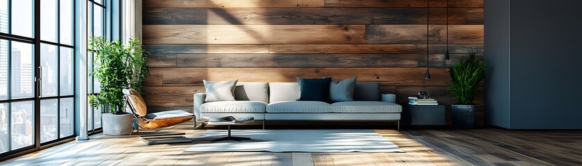 Wall Mural - Modern Living Room with Wooden Wall, Sofa, and Plants