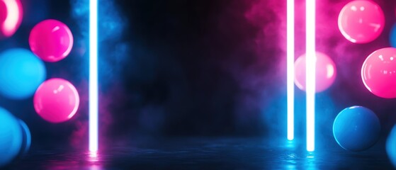 Poster - Colorful lights and spheres create a vibrant backdrop in a dark space.