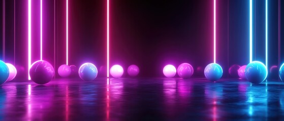 Poster - Colorful neon lights with glowing spheres on a reflective surface.