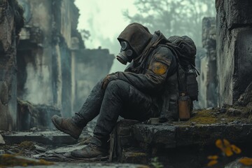 post apocalyptic survivor resting in destroyed city wearing gas mask