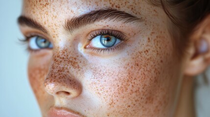 Poster - This striking portrait features a young woman with captivating blue eyes and a face adorned with freckles, highlighting her natural beauty and confidence.