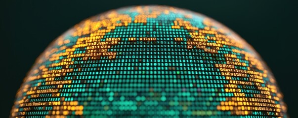 Poster - A close-up view of a digital globe, showcasing a vibrant representation of continents with bright, colorful pixels on a dark background.
