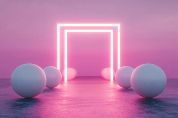 Poster - Futuristic glowing arch with spheres on a reflective surface at dusk.