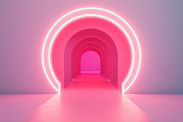 Aufkleber - Futuristic tunnel with neon pink arches glowing against a minimalist background.
