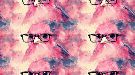 Seamless watercolor pattern featuring a whimsical pink bird wearing stylish glasses ideal for fabric design and playful decor