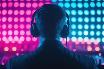 Poster - Person with headphones in front of colorful LED lights, vibrant atmosphere.