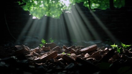 Poster - Sunlight beams filter through a ruined structure, illuminating scattered bricks and lush greenery, creating a serene, ethereal atmosphere.
