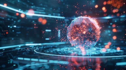 Poster - Complex digital sphere emitting red light particles is rotating on a futuristic platform, suggesting advanced technology and innovation in a cyberspace environment