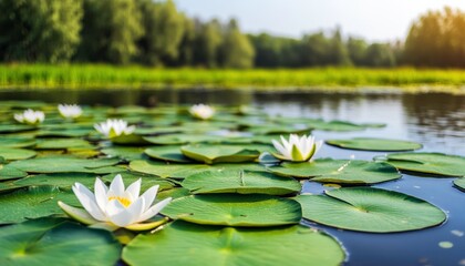 Poster - A serene water scene featuring blooming lilies surrounded by green leaves, reflecting sunlight on a peaceful pond.