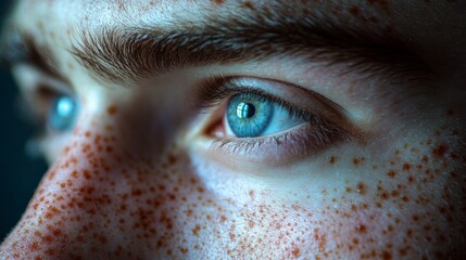 Poster - A striking close-up of a blue eye, revealing detailed freckles and reflections of light. The soft illumination enhances the eye's vibrant color.