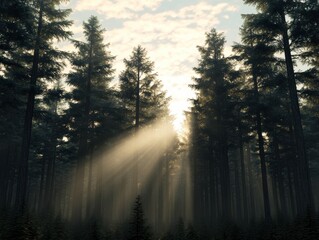 Poster - A serene forest scene with sunbeams filtering through tall trees, creating a tranquil and mystical atmosphere.