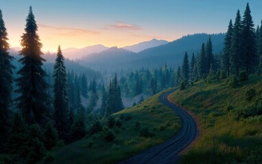 Poster - A picturesque landscape featuring a winding path through lush greenery, framed by tall pines, with mountains and a colorful sunrise in the background.