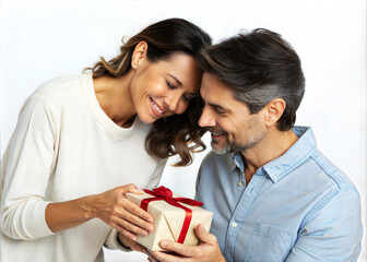 Couple sharing a joyful moment with a gift, white isolate background.