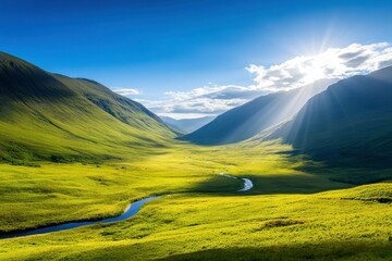 Poster - A breathtaking valley scene with vibrant green grass, rolling hills, and sunlight streaming through clouds, reflecting on a serene river.