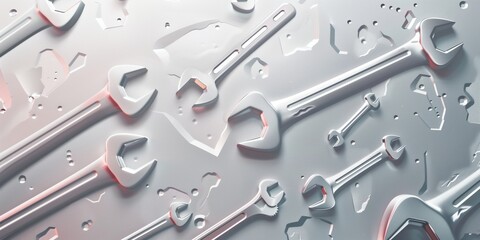 Abstract background with wrenches, nuts, and bolts and smooth gradient, light gray color, minimalistic design.