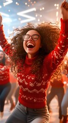 Wall Mural - Office workers celebrate Christmas in festive jumpers while enjoying a joyful holiday gathering