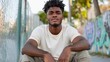© Dulemegapixel - A young man with a thoughtful expression sits casually outdoors near a chain-link fence, set against an urban backdrop with graffiti, embodying youthful contemplation.