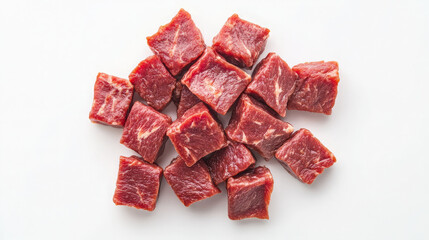 Cubes of raw meat arranged on a white background, suitable for cooking or meal preparation.