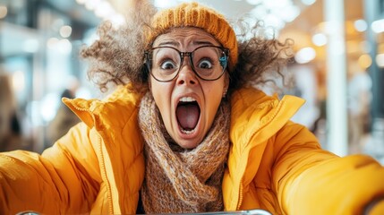 A woman with an expression of excitement and joy screams while riding a shopping cart in a bright, busy shopping mall, bringing a sense of energy and fun.