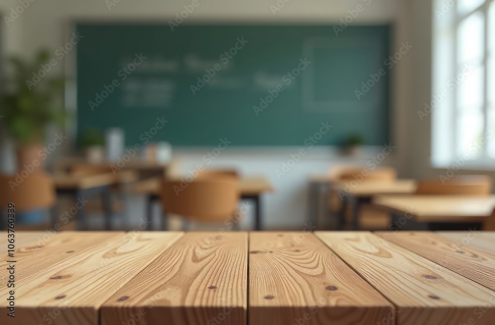 Empty School Classroom with Wooden Desks and Green Chalkboard ...