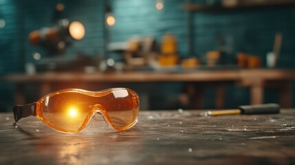 Close-up of protective safety goggles resting on a wooden workbench in a workshop, capturing the ambiance and essential tools in the background.