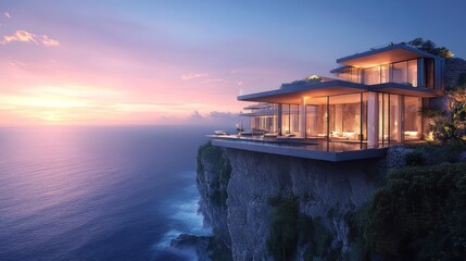 Wall Mural - Modern cliffside villa with infinity pool overlooking the ocean at sunset.