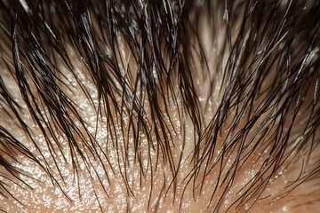 Detailed view of human skin and hair, dark, wet strands.