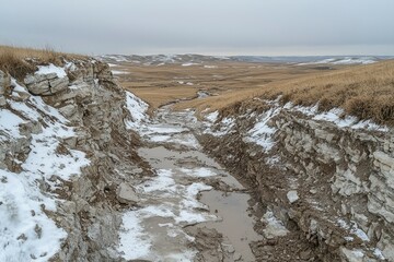 Wall Mural - Snow-Covered Rocky Ravine Leading to a Wintery Valley