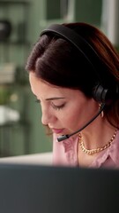 Aufkleber - Woman, mic and headset in call center at night with computer, reading and contact us for legal advice. Paralegal, consultant or agent with voip tech, headphone and support with talking at workplace