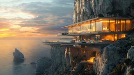 Wall Mural - A modern luxury villa built into a cliffside with a stunning ocean view and sunset in the background.